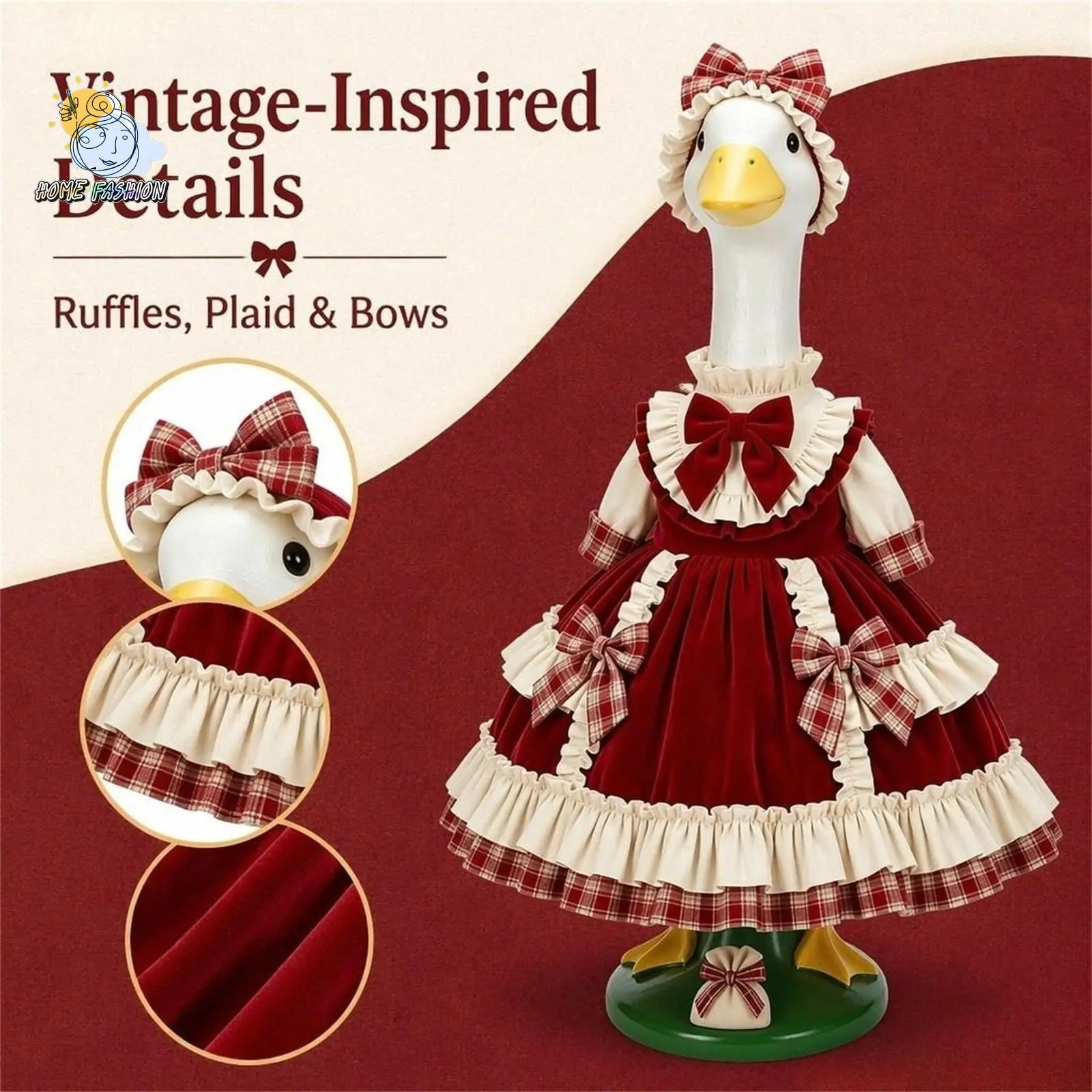 Vintage Red Velvet Plaid Goose Statue Outfit Thick Soft Velvet Cream White Full Ruffle Edge Multi Plaid Big Bow Decor Ruffle High Neck Inner Cuff Multi Layer Flared Skirt Hem Loose