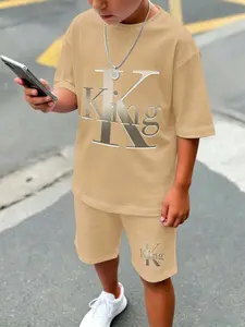 Boys' Cartoon Print Short Sleeve Shorts Set, American Style Summer Kids Sport Two-Piece, Casual Loose-Fitting Suit