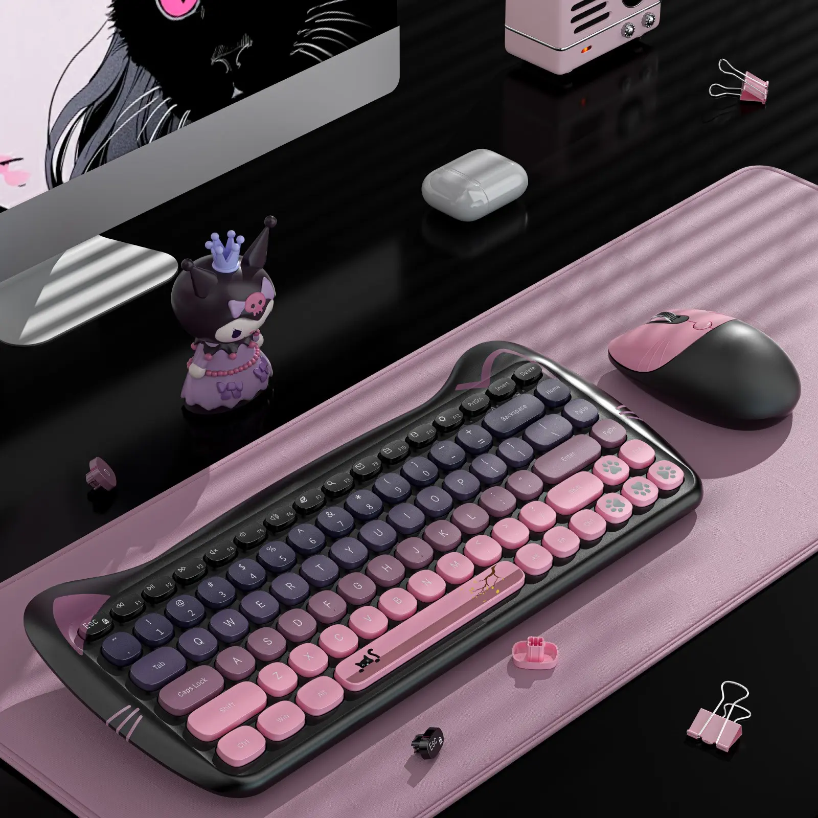 GEEZER Black Pink Cat Wireless Keyboard and Mouse Set, Cute Cat Ear Shape Retro Round Keycaps 75% Compact Office Combo, Compatible with Desktop & Laptop