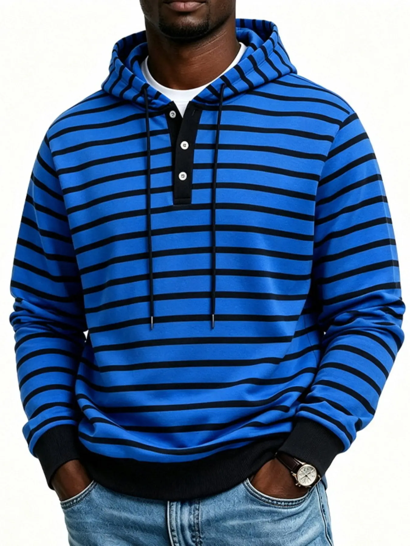 Men Striped Pullover Hoodie, Casual Button‑Up Henley Hooded Sweatshirt With Drawstring, Long Sleeve Soft Comfy Daily‑Wear Hooded Tops Multiple Color Options For Autumn