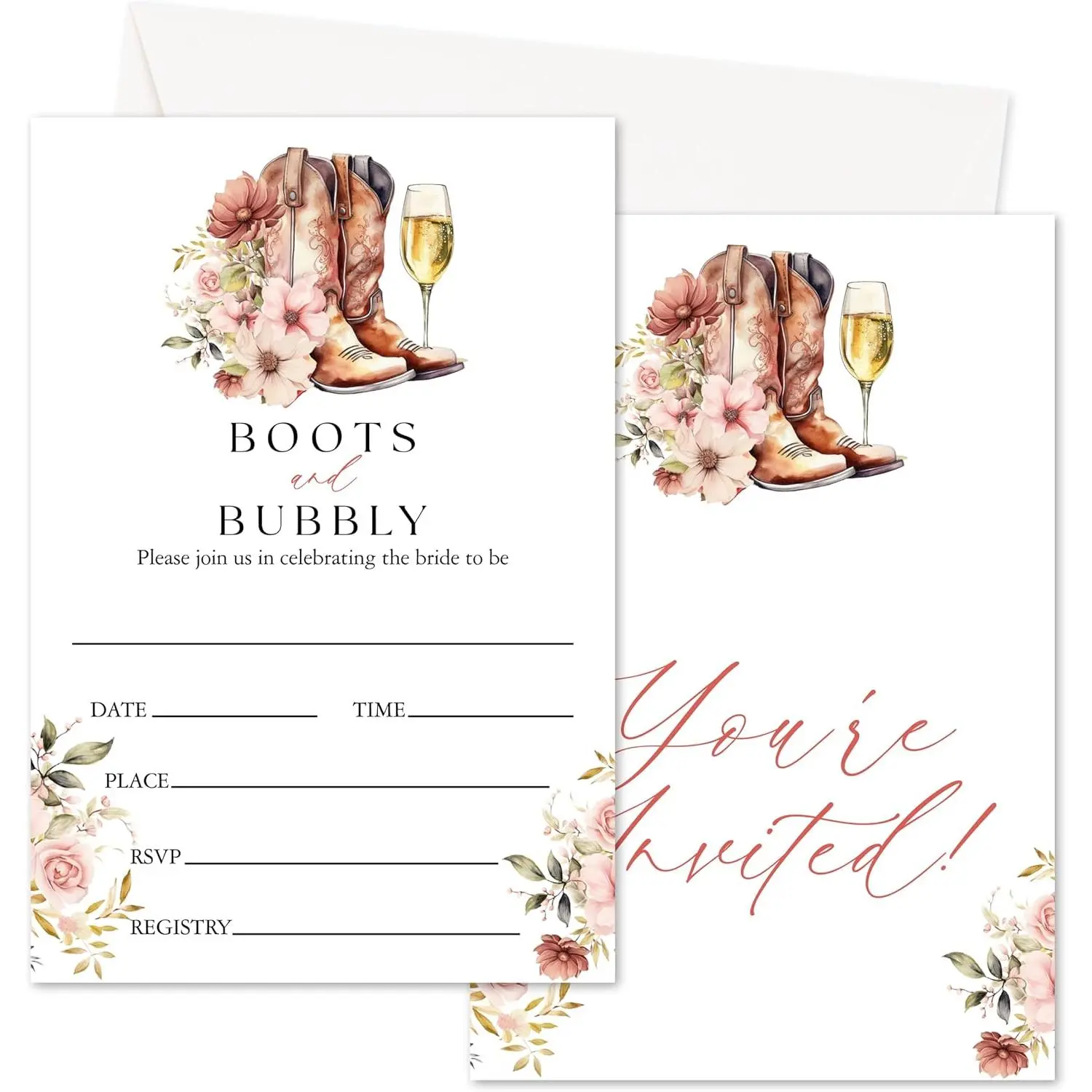 Wedding Shower Party Invitation,  Country Bridal Shower Invitation, Boots and Bubbly Invite Cards with Envelopes, Invitations for Wedding Engagement Party, Set of 25 Party Supplies -c13