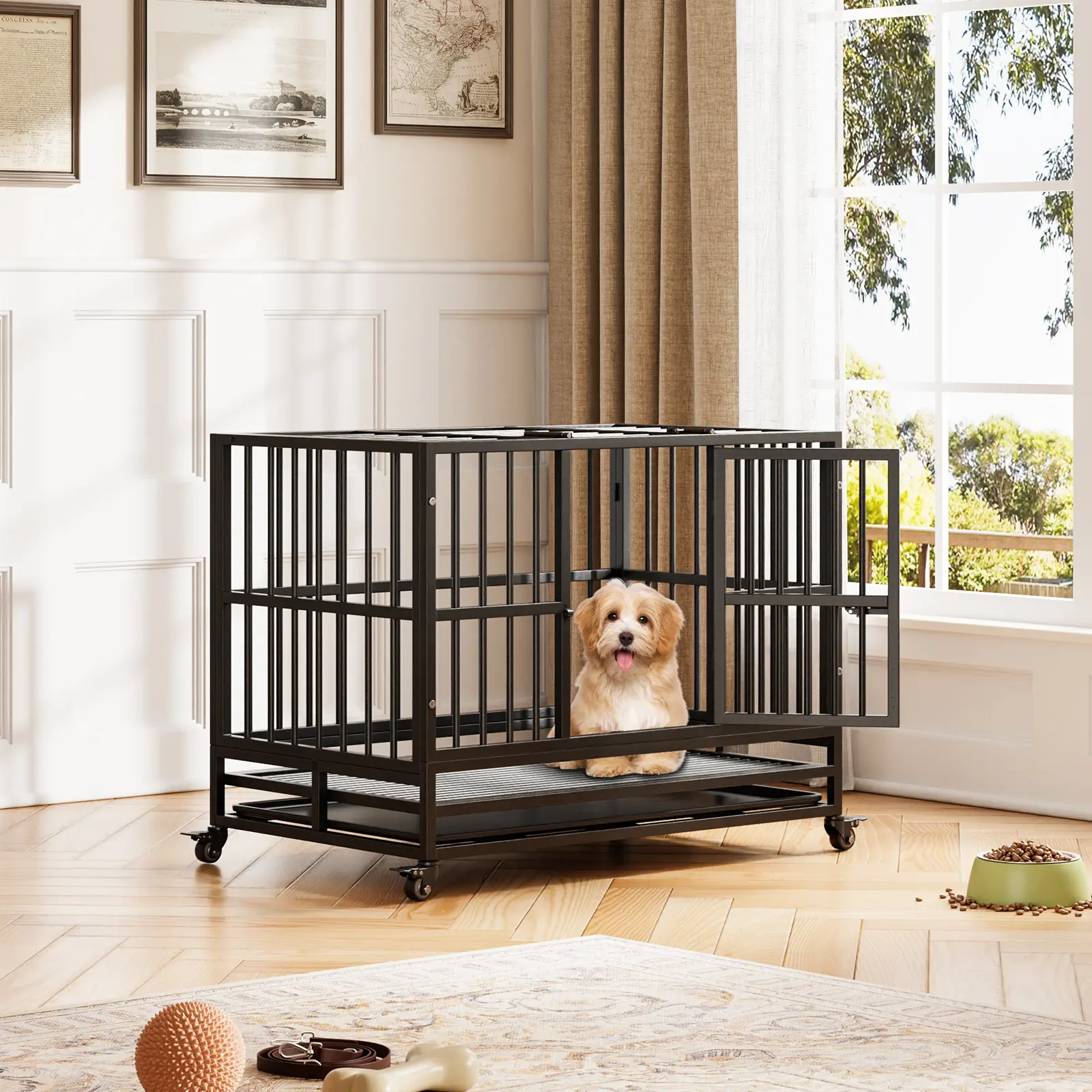 Heavy Duty Dog Crate – 37"/42.5"/48.5" Sizes, Chew-Proof Steel, Double Doors & Lockable Wheels – for High-Anxiety/Strong Dogs
