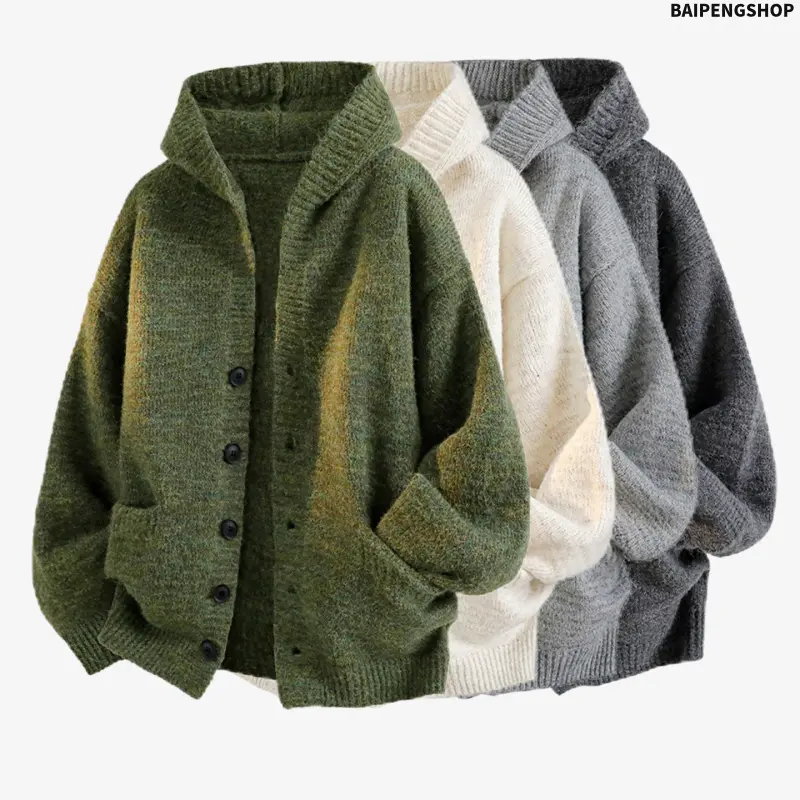 Men's Hooded Dual Pockets Knit Cardigan, Ribbed Detail Deep Versatile Color Casual Open Front Knit Outerwear, Soft Warm Multi Color Options Fall Winter Menswear Coat, Stylish Comfortable Versatile Mens Knit Clothing, Ideal for Daily Wear, Streetwear & Out
