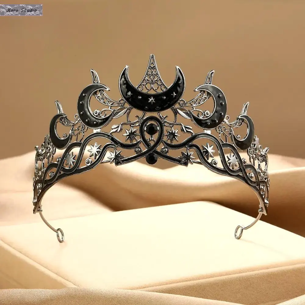 Gothic Moon-Star Crown, Funky Stainless Steel Headpiece with Rhinestones for Unisex Halloween Witch Costume Parties, Hair Crowns, Styling Accessory, Role Play, Halloween Party, Witch Theme, Crown Tiara, Rhinestone Cap Headpiece