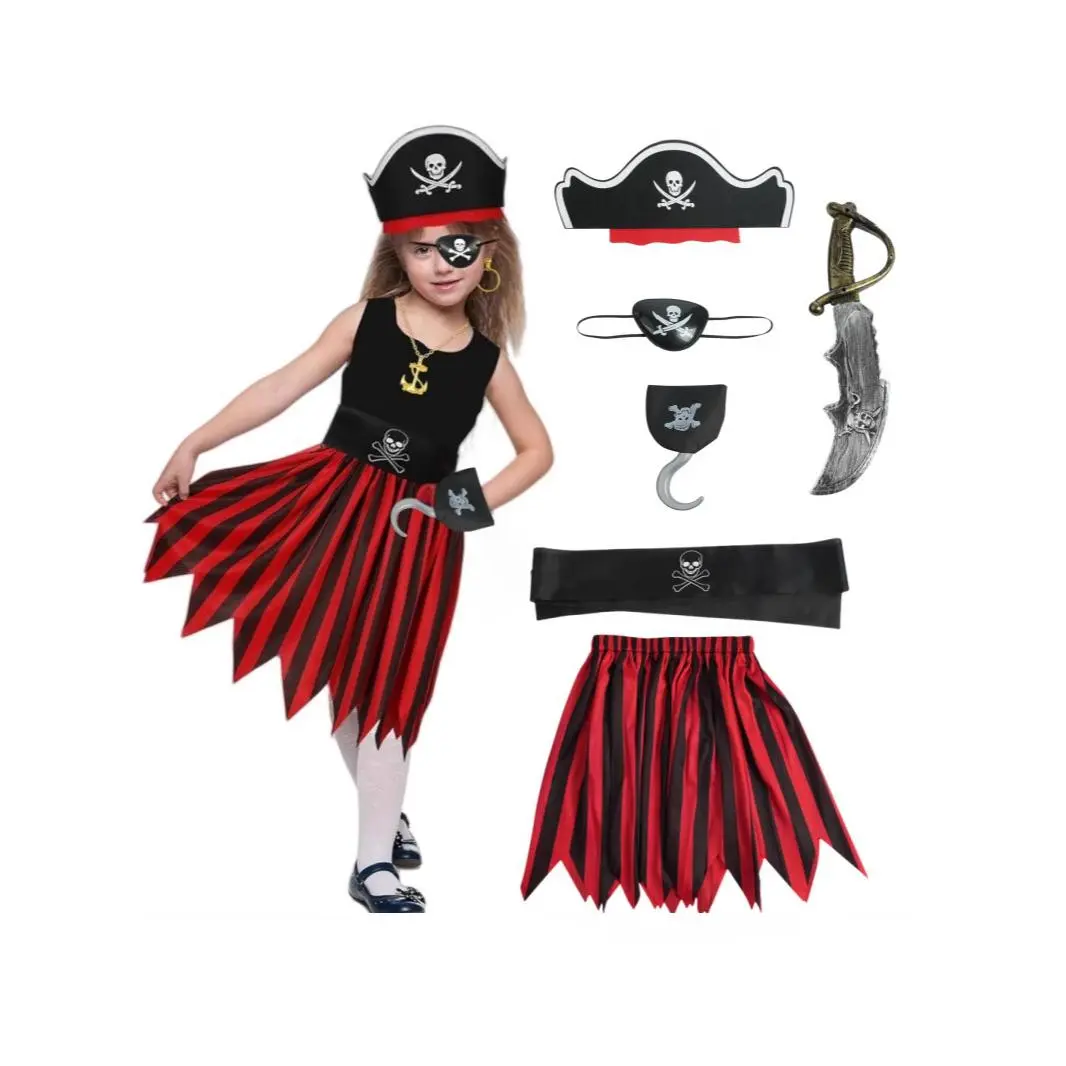 Girls' Pirate Costume Set with Top, skirts, belts, eye masks, hats for halloween Costumes, Party Costumes, Cosplay Carnival Costumes for Kids, Perfect for Halloween, Pirate-Themed Parties