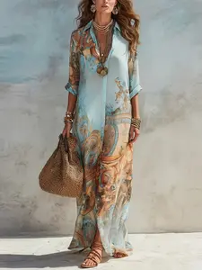 Casual Random Print Notched Neck Collared Button Long Slim Fit Dress, Women's Fashionable Evening Wear, Elegant, Aesthetic and Comfortable Design