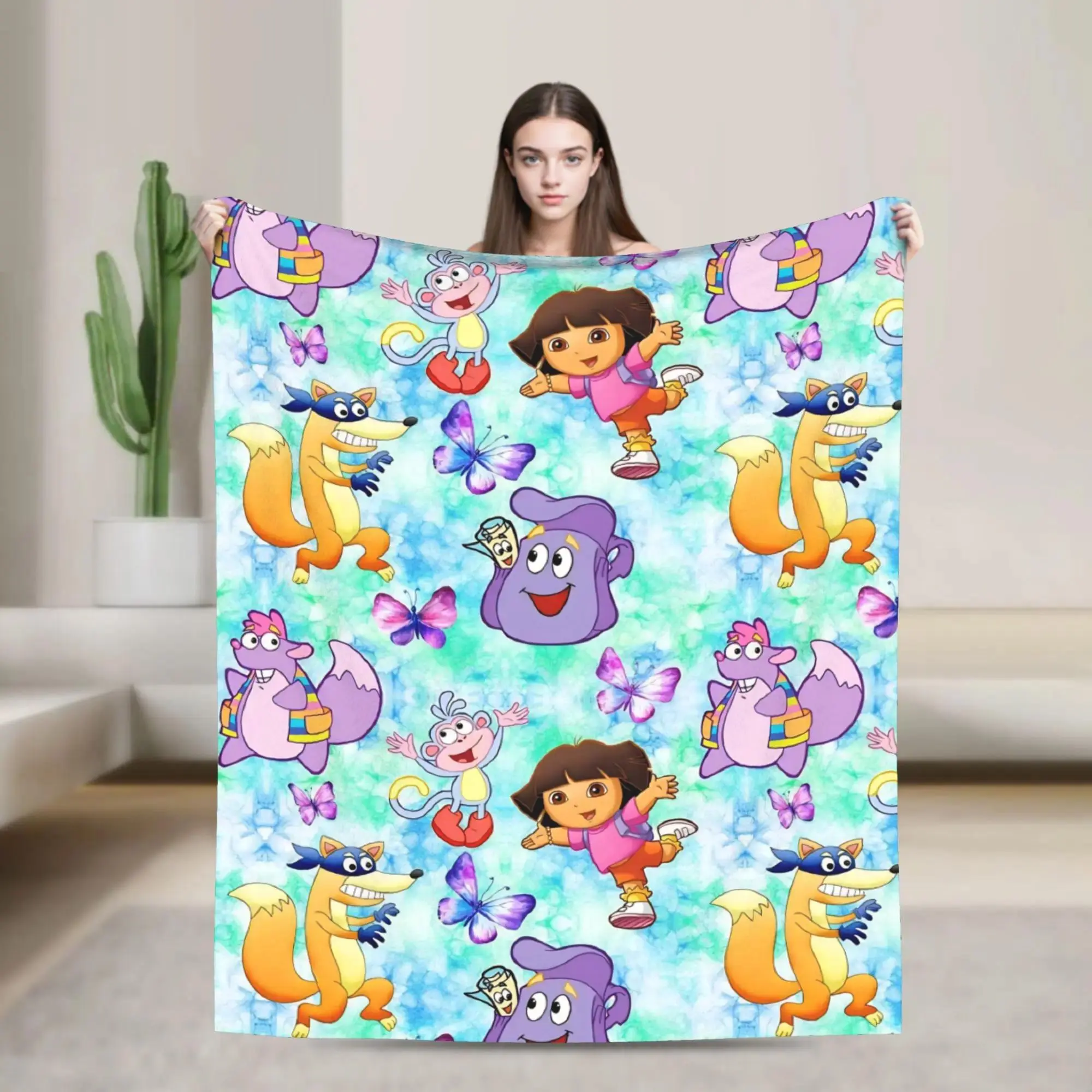Dora The Explorer Cartoon Flannel Blanket, Soft lightweight travel blankets, cooling blankets, bedding, bed accessories, Airplane Home Throw Bedspread Birthday Gift For Kids Fans