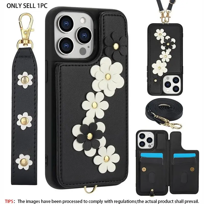 Floral crossbody flip leather card insertion wallet anti drop Protective phone case, Custom Fit Covers, suitable for iPhone 11, 12, 13, 14, 15 Plus 16, 17 Pro Max Plus Air women's business multi card protection accessories