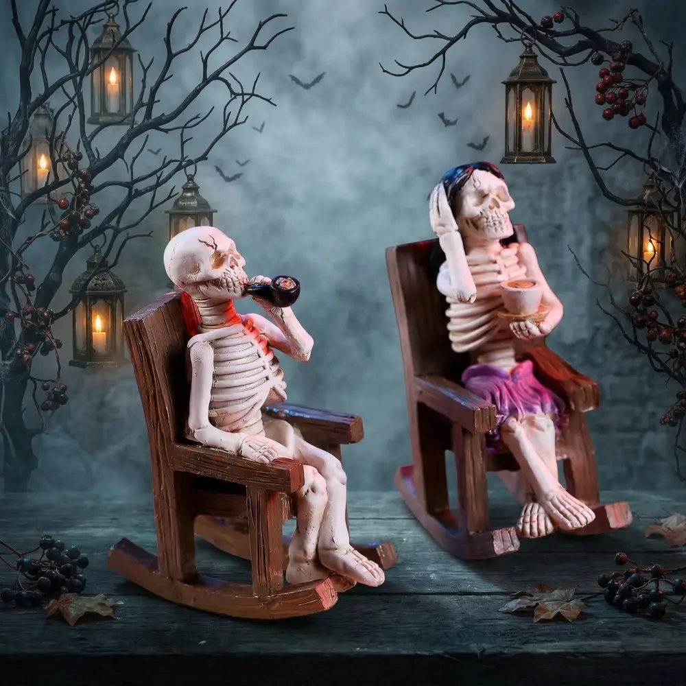 2-Pack Lounge Chair Skull Couple Decor, Vintage Dark Lazy Resin Antique Swing Desk Ornament, Halloween Party Atmosphere Spooky Decoration