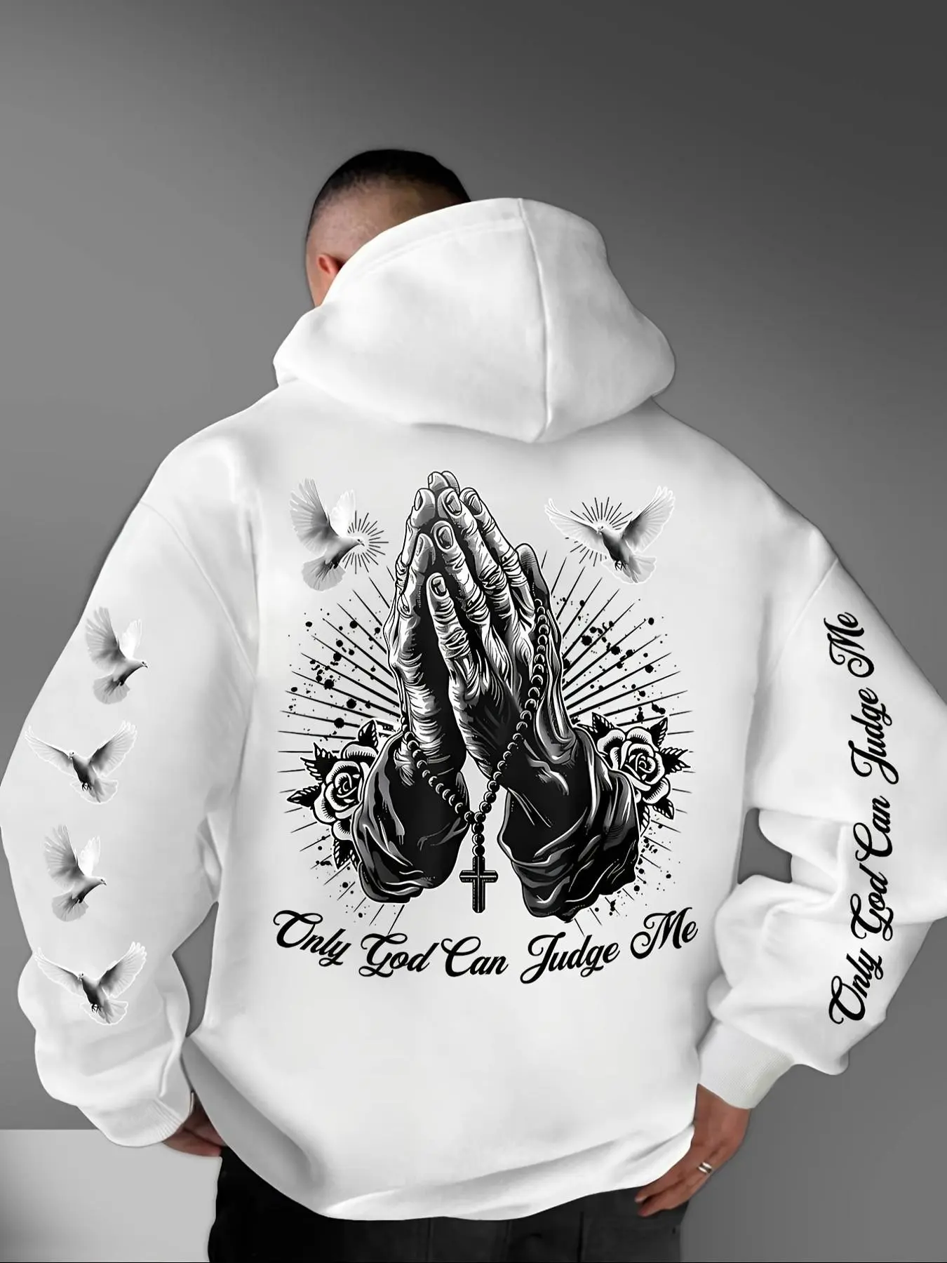Men Oversized Heavyweight Pullover Hoodie Y2K Vintage Streetwear Casual Praying Hands Dove Rose Cross Graphic Sweatshirt Only God Can Judge Me Double Sleeve Letter Print Soft Fleece Long Sleeve Hooded Top for Fall Winter Daily Skate Hip Hop Campus Outfit