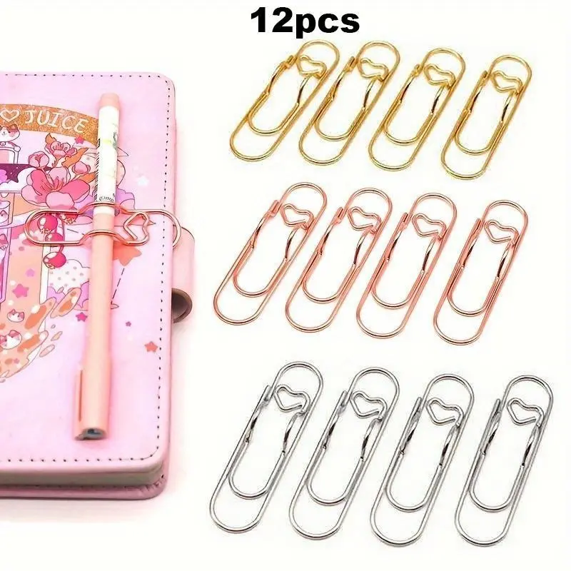 Metal Paper Clips, 12-Piece Set, Cute Office Supplies, Random Colors, Ideal for Notebooks, Multi-Functional Stationery Accessories