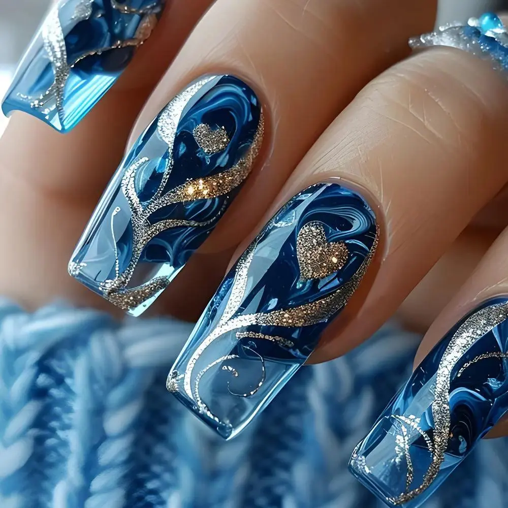 Glitter Heart Golden Line Tube Shape Press On Nails Trendy Y2K Nail Tips Coffin Long Fake Nails Shimmer Blue Pack of 24 Reusable Full Cover Acrylic Manicure Kit for Women Concert Party