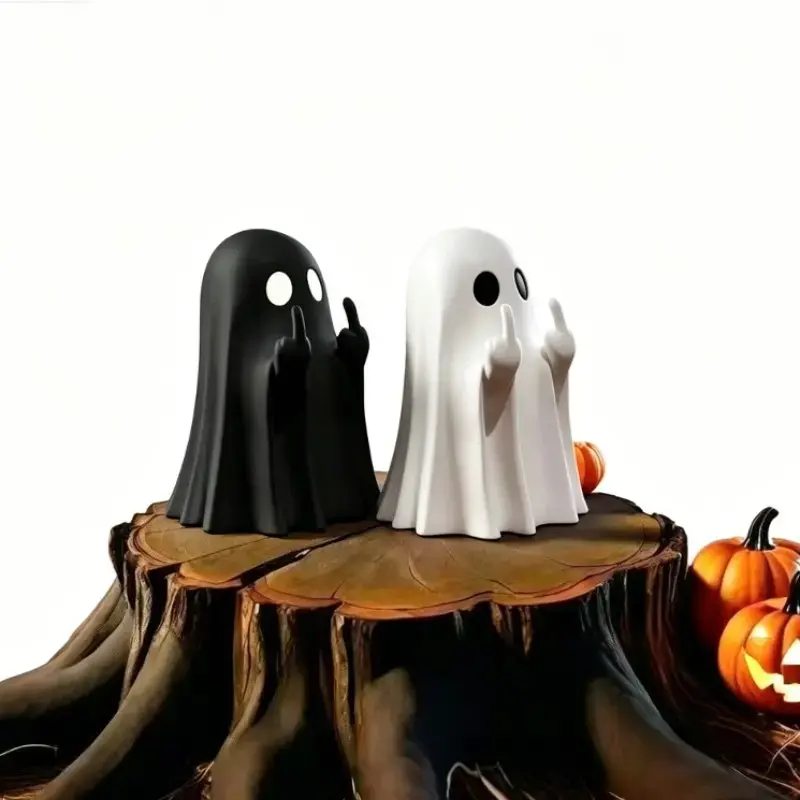 2pcs Funny Middle Finger Ghost Figurine Cute Spooky Desk Decor Home Office Decor Quirky Ghost Statue Decorative Statues Goth Room Accessories Unhinged Office Humor Halloween Gag Gift Black White Minimalist Aesthetic Sculpture TikTok Trending Desk Toy