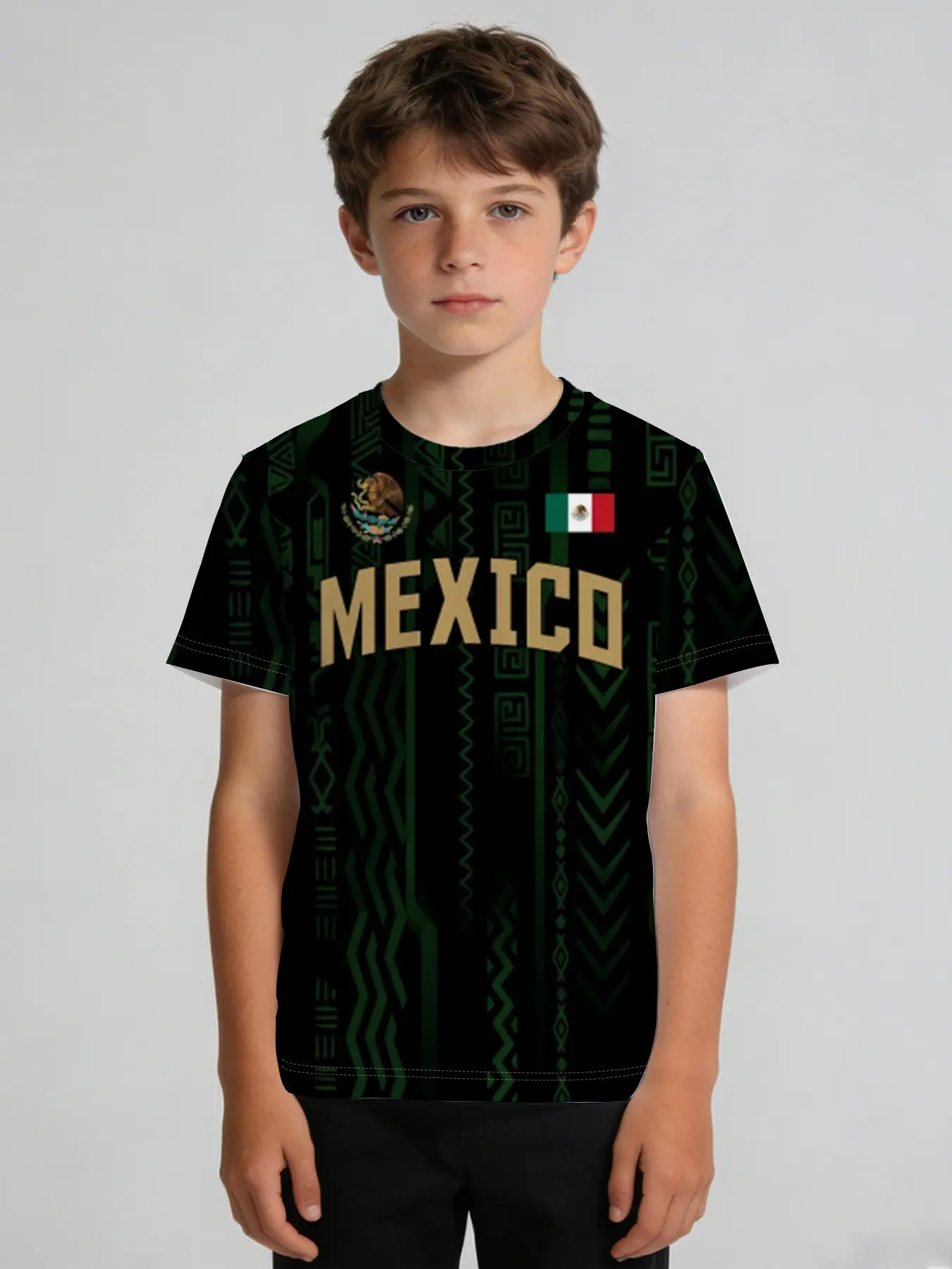Children's retro ethnic style football short-sleeved shirt, Short Sleeve Jersey, sports top with Mexican national emblem and flag print, elastic, smooth and non-sticky to the body, for football training, daily outings