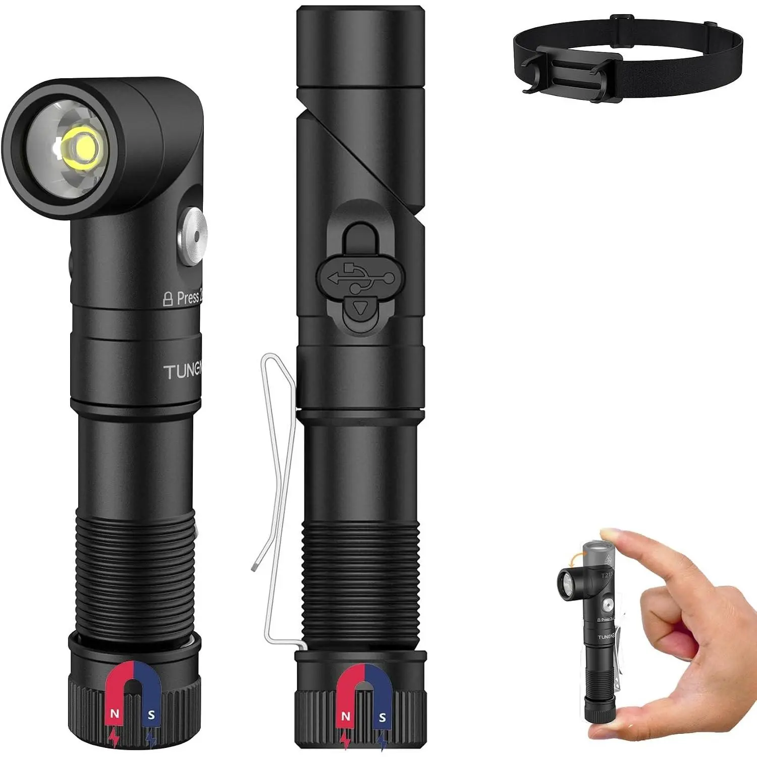 Rechargeable 1400 Lumen Small LED Flashlight - Super Bright 90-Degree EDC AA Pocket Light with Magnet, Adjustable Headlamp, Mini Tactical Clip for Camping, Running (Sports & Outdoor Accessory Gift)