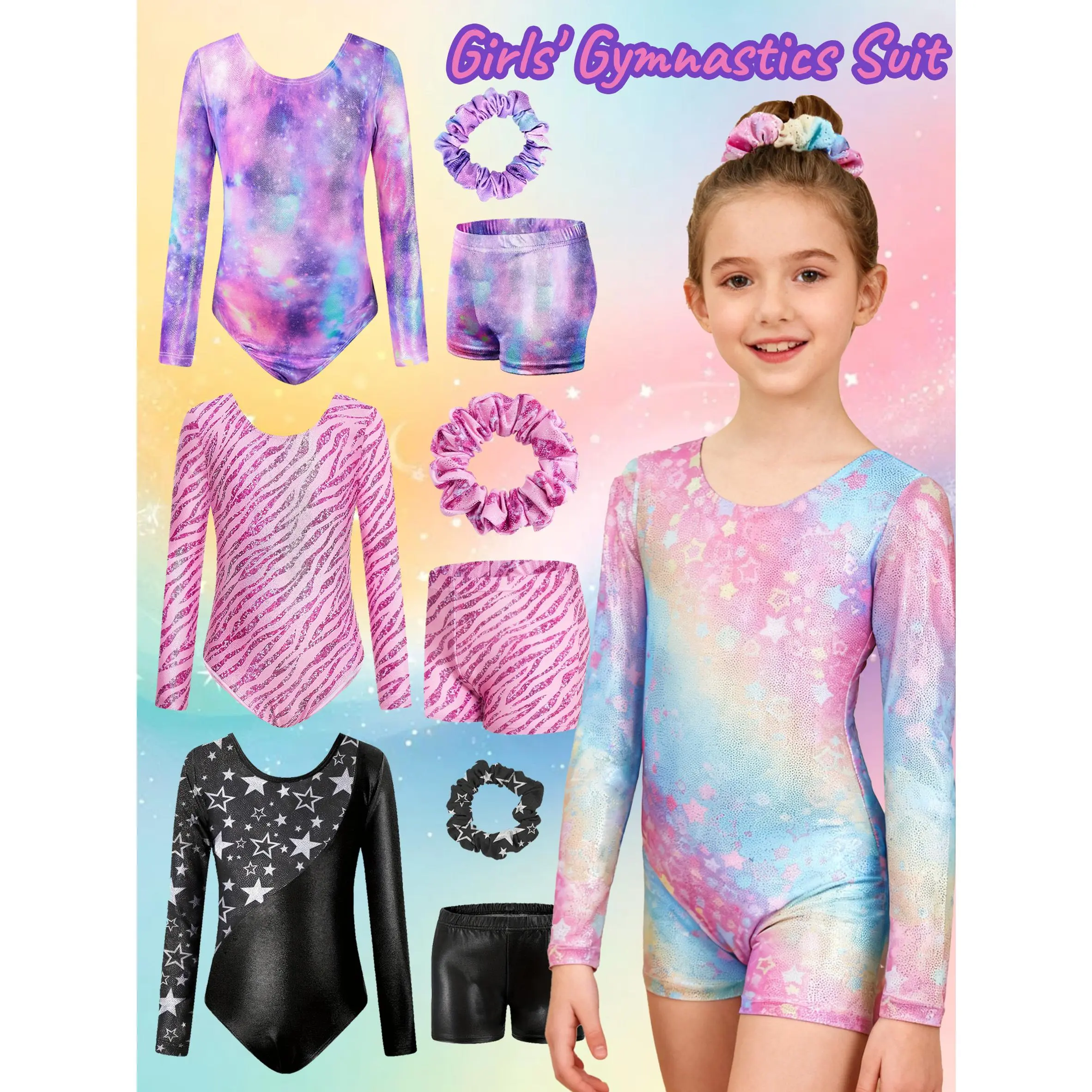 Girls' Gymnastics Leotard Set, Sparkly Gradient Color Long Sleeve Jumpsuit W/Matching Shorts & Hair Tie, for Age 3-12, Suitable for Dancing, Gymnastics, Training, Cycling, Girls Clothes, for Outdoor, Gymnastics Suit for Girls, Girls Gymnastics Outfit