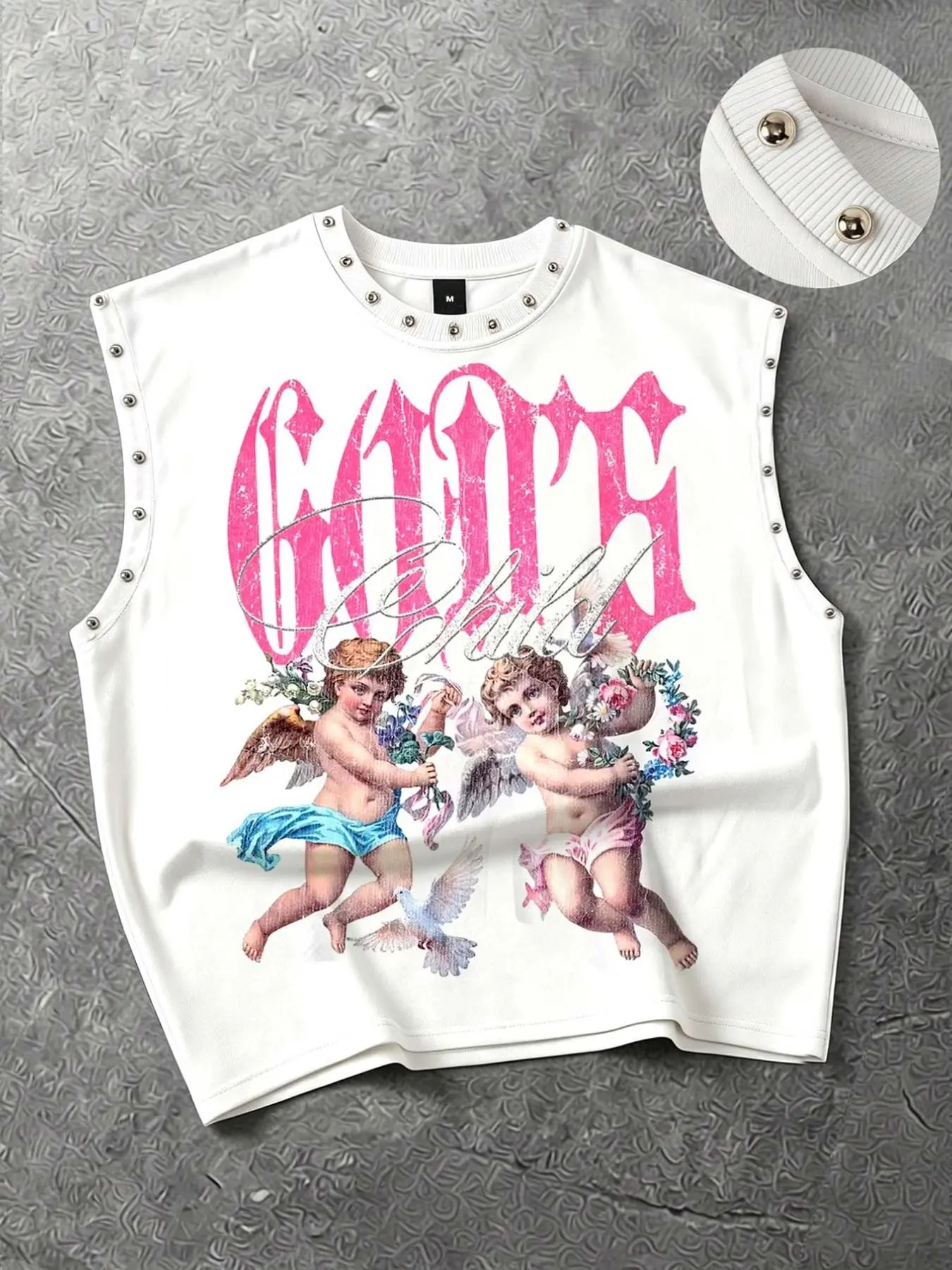 Unisex, Streetwear sleeveless tank top featuring twin angel, floral, and dove graphics with stud detailing, vintage-style distressed finish, Y2K aesthetic with pink Gothic-style lettering, loose, cropped fit with a studded neckline