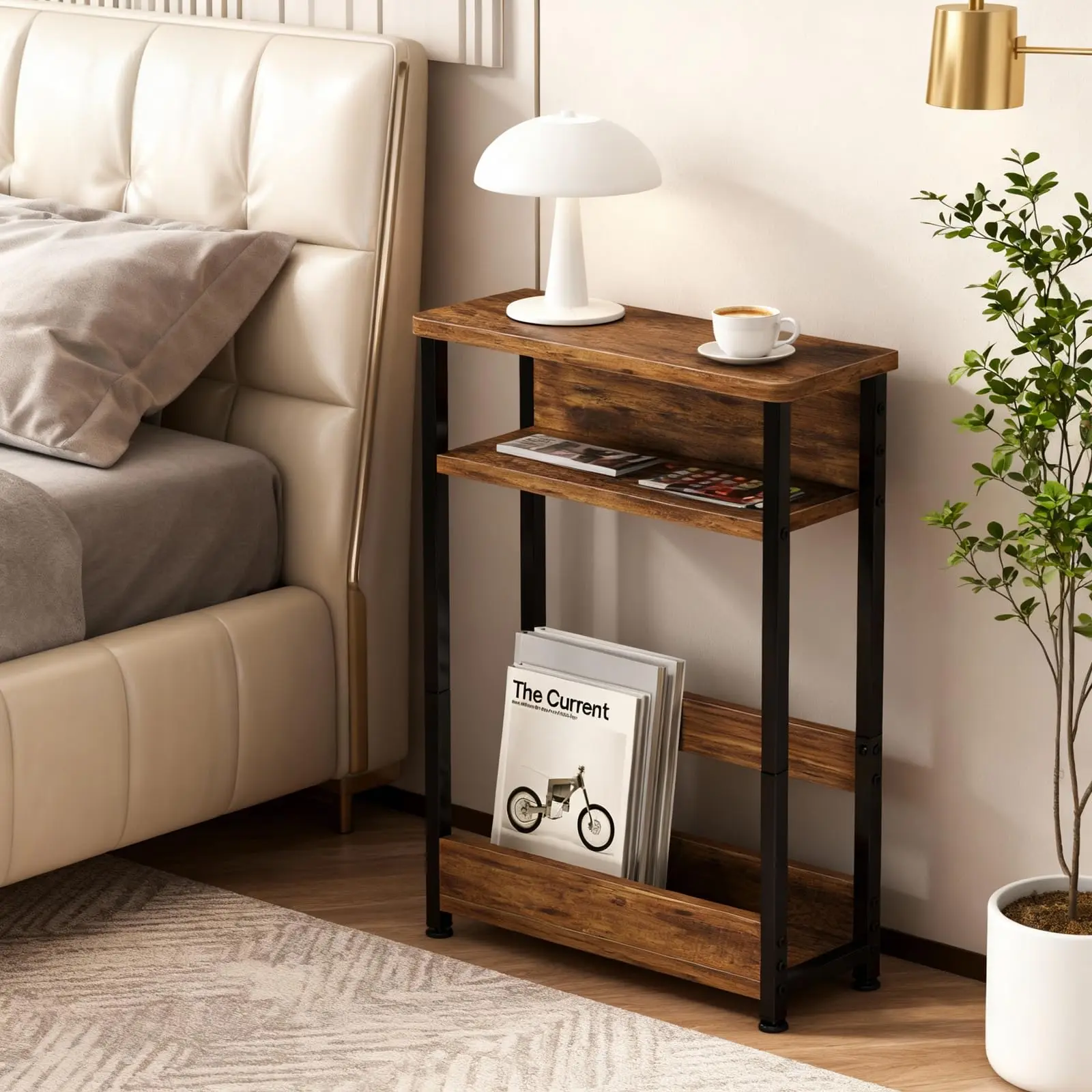 Garvee Narrow Side Table, Small Coffee Table with 3 Shelves, Magazine Holder, Sofa Side Table for Narrow Spaces, Slim Side Table, Small Nightstand for Living Room, Bedroom, Vintage Brown