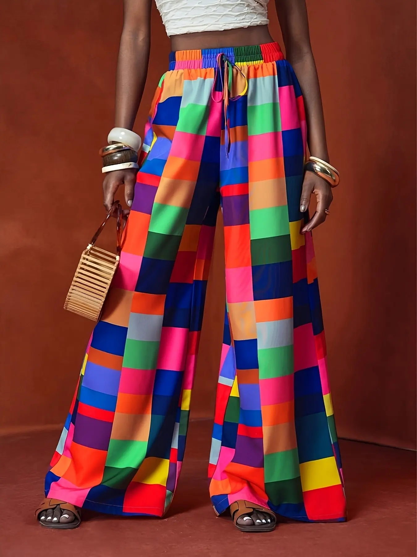 Summer Vacation Rainbow Color Block Wide Leg Pants, Elastic Drawstring Adjustable High Waist Beach Outerwear, Casual Long Pants for Relaxing Days
