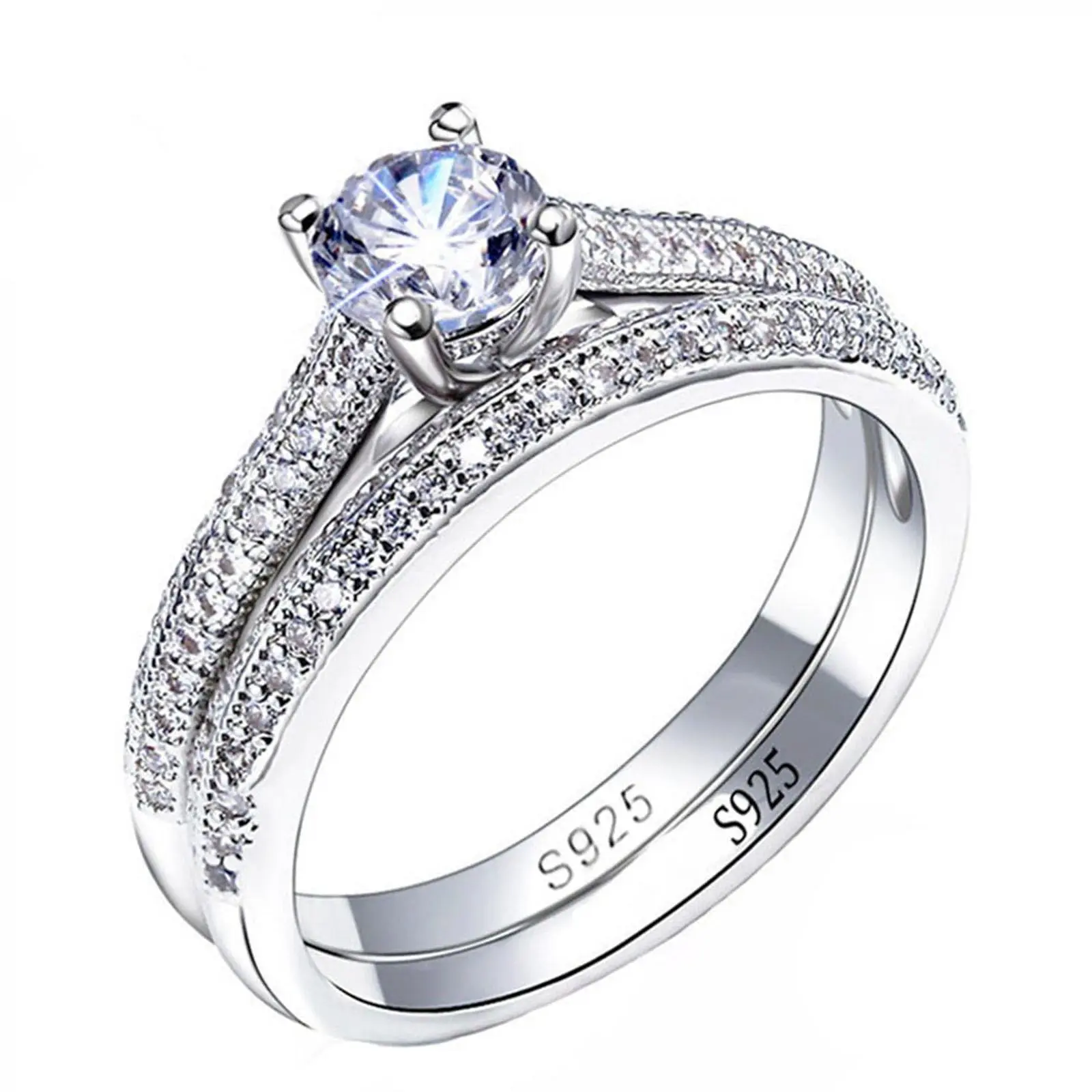 S925 Sterling Silver Bridal Set, Women's 2-Piece Vintage Halo Ring with a Round Stone and Pave Bands, Hypoallergenic Promise Jewelry, Silver Rings, 925 Rings, 925 Real Silver Rings court style
