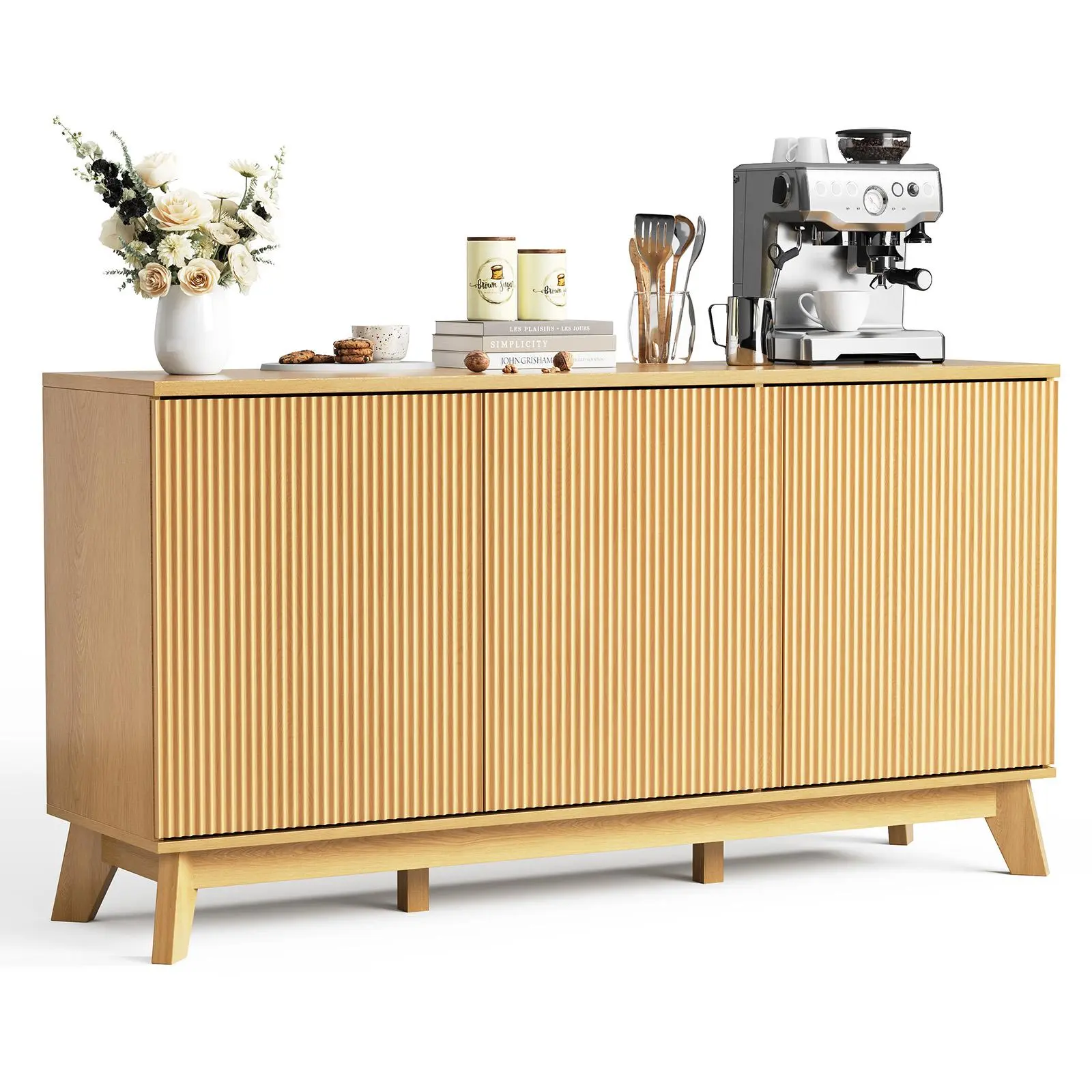 58" Modern Farmhouse Engineered Wood Buffet Cabinet Furniture - 3 Fluted Doors, Curved Edges Credenza, Adjustable Shelves, Large Storage, Raised Base, TV Media Console for Dining, Living Rooms