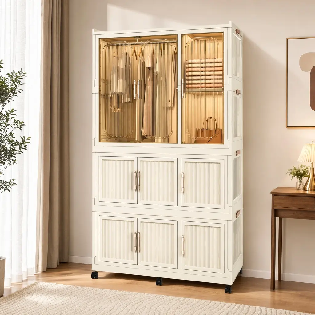 ARCH Plastic Portable Wardrobe Closet Storage Organizer - 9 Magnetic Doors, 9 Cubes, Hanging Rod, 6 Hangers, American Design, Assembly Required, 35.49 lb Cream White Polypropylene Armoire for Bedroom, Nursery, 36.22"D x 17.72"W x 62.2"H