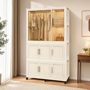 ARCH Plastic Portable Wardrobe Closet Storage Organizer - 9 Magnetic Doors, 9 Cubes, Hanging Rod, 6 Hangers, American Design, Assembly Required, 35.49 lb Cream White Polypropylene Armoire for Bedroom, Nursery, 36.22"D x 17.72"W x 62.2"H