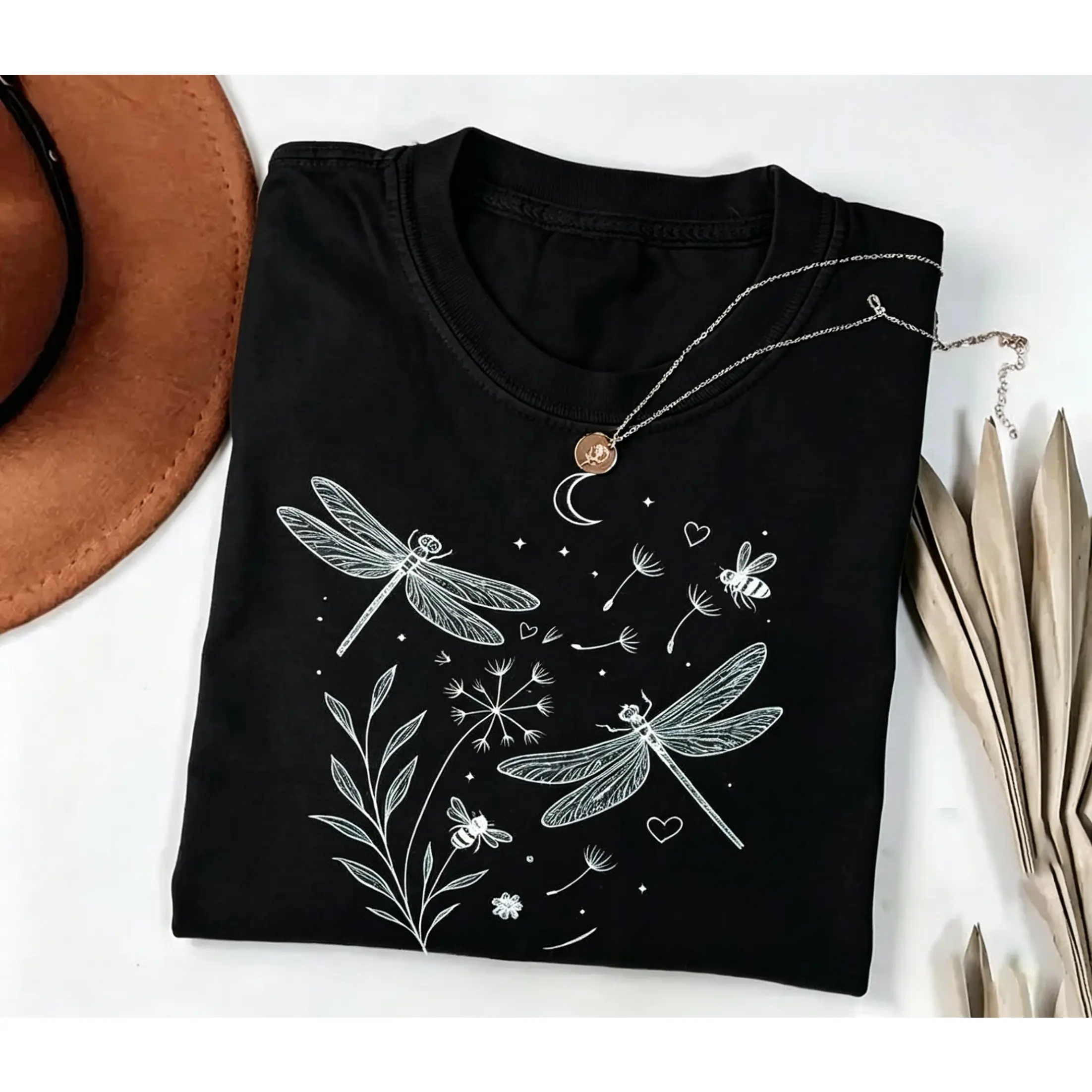 Graphic T-Shirt for Women - Soft Dandelion Dragonfly Print Top with a Casual Relaxed Fit for Nature Lovers, Tshirt, Women's Graphic Tees, Twill, Cotton Twill, Fitted, Round Neck, T Shirts For Women