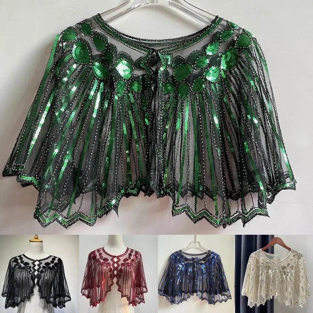 Women's 1920s Shawl Wedding Party Shawl Beaded Sequin Deco Evening Cape Flapper Cover Up Gatsby
