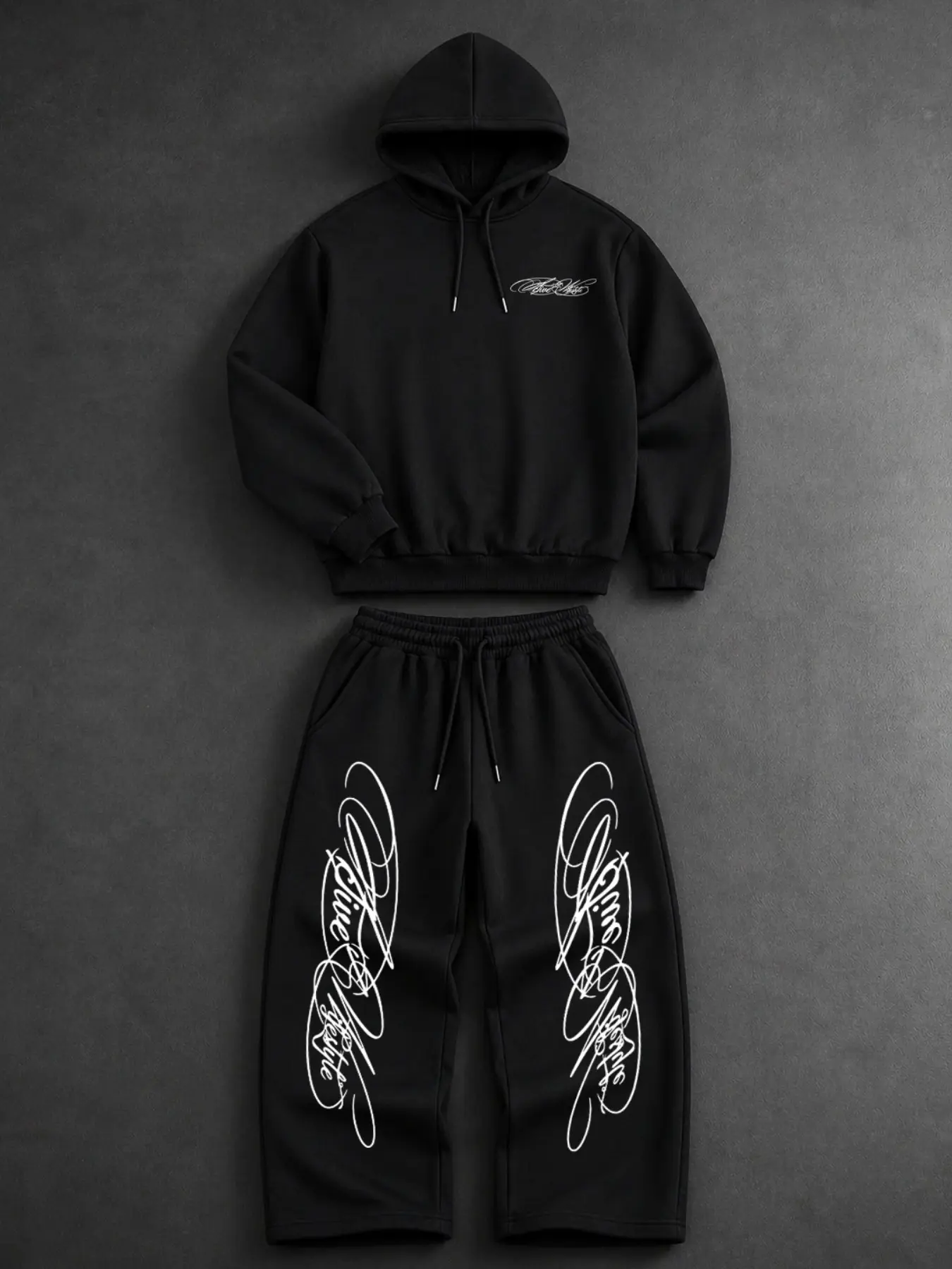 Men Solid Black 2 Piece Streetwear Tracksuit, Chicano Cursive Script Letter Print Pullover Drawstring Hoodie & Wide Leg Side Print Sweatpants Matching Set, Hip Hop Skater Casual Jogger Outfit For Youth Daily Urban Travel Lounge Wear