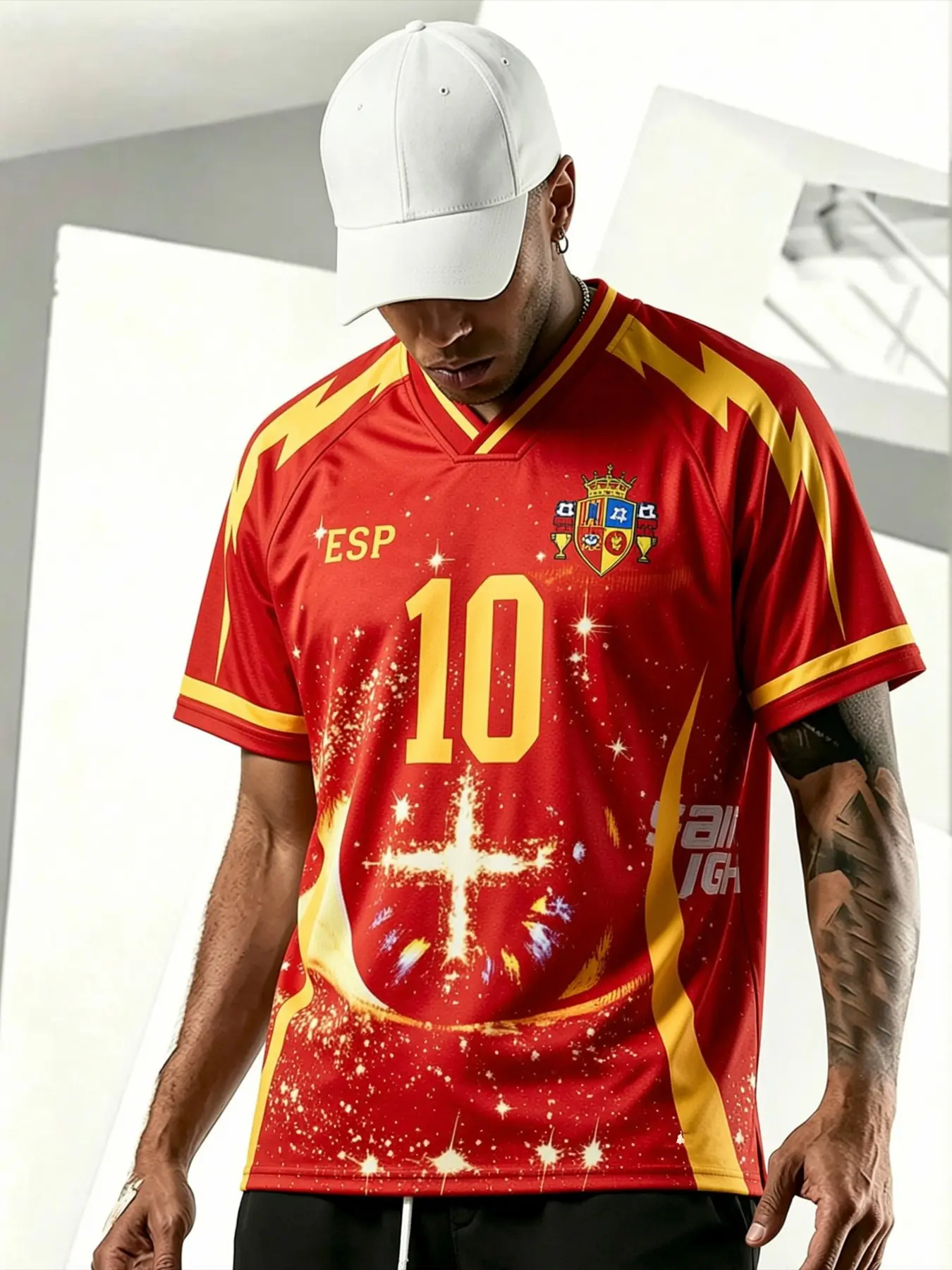 Spain 10 Starry Sky Gold Eye Lightning Soccer Jersey, Football Jersey, Quick-Dry Breathable Retro V-Neck Fan Short Sleeve Training Top