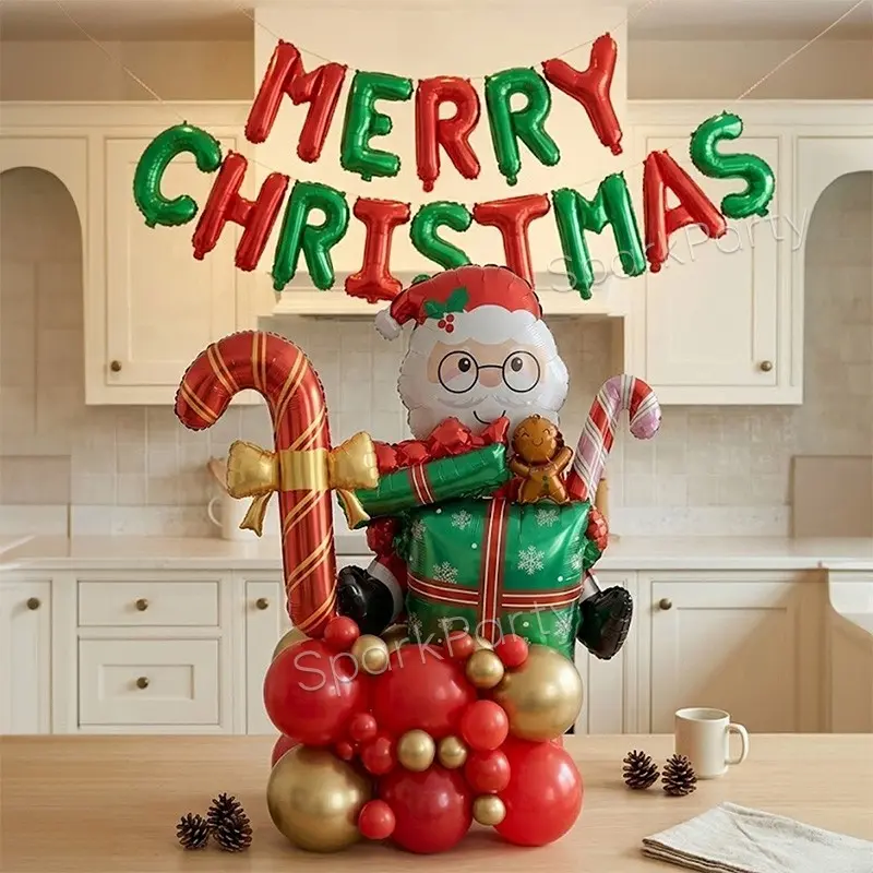 36pcs Merry Christmas Balloon Set, Santa Claus Gift/bow Candy Cane/gingerbread Man Aluminum Foil Balloons, Xmas Holiday Decorations