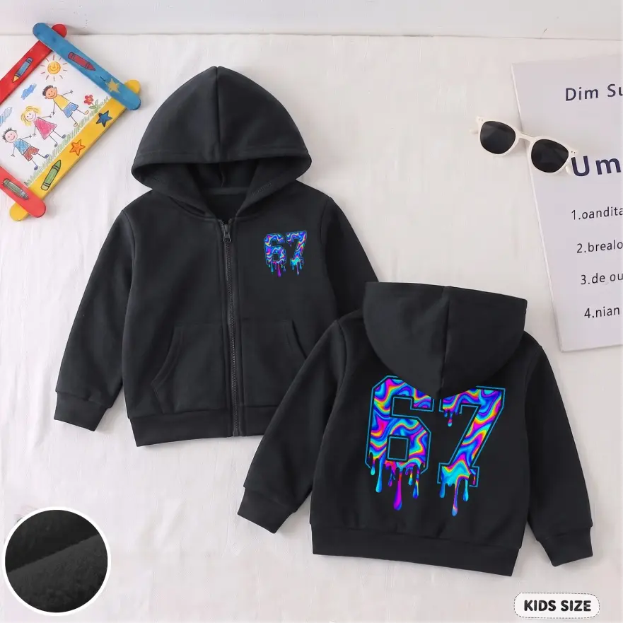 Kids’ Six Seven Graphic Zip-Up Hoodie, Casual Long Sleeve Hooded Jacket with Front Pockets and Back Print, Everyday Outerwear for School, Travel, Outdoor Play and Weekend Wear