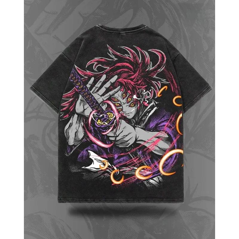 Japanese Anime Demon Slayer Kokushibo Graphic Washes T-shirts Men's Women's Pure Clothing Harajuku Y2K Streetwear Cotton Tops