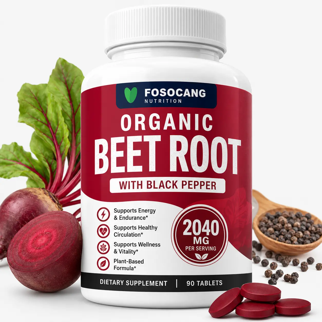 FoSoCang Organic Beet Root Powder Tablets - 2040mg Natural Nitric Oxide Support, Energy Boost, Black Pepper for Better Absorption, Non-GMO, for Adults, 90 Tablets