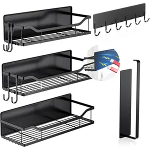 5 Pack Multifunctional Magnetic Shelves for Refrigerator Spice Rack & Washing Machine Organize, Include Paper Towel Holder, Kitchen Utensil Hanger and Hooks, Strong Magnet for Secure Hold (Black)
