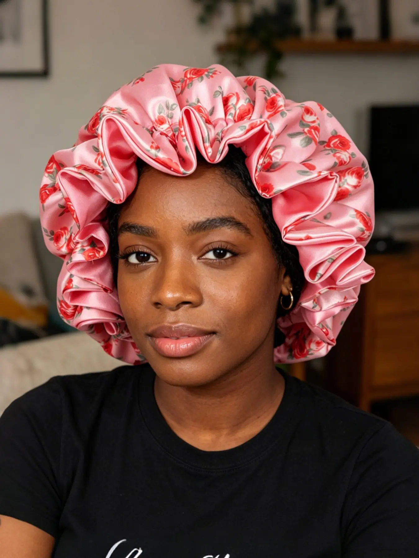 Luxurious Deep Floral Women's Two-Layer Satin Sleep Cap, Soft Breathable Night Hat, Ideal for Hair Care and Comfort, Curly Hair Nightcap