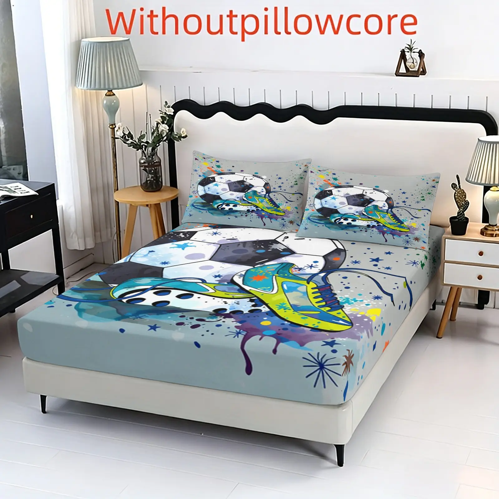 3pc graffiti football print Pattern Bedding Set, including 1 bed cover and 2 pillowcases (without filling material), as a gift for friends. Suitable for single beds, double beds. Perfect for bedrooms, dormitories, guest rooms and hotel apartments.