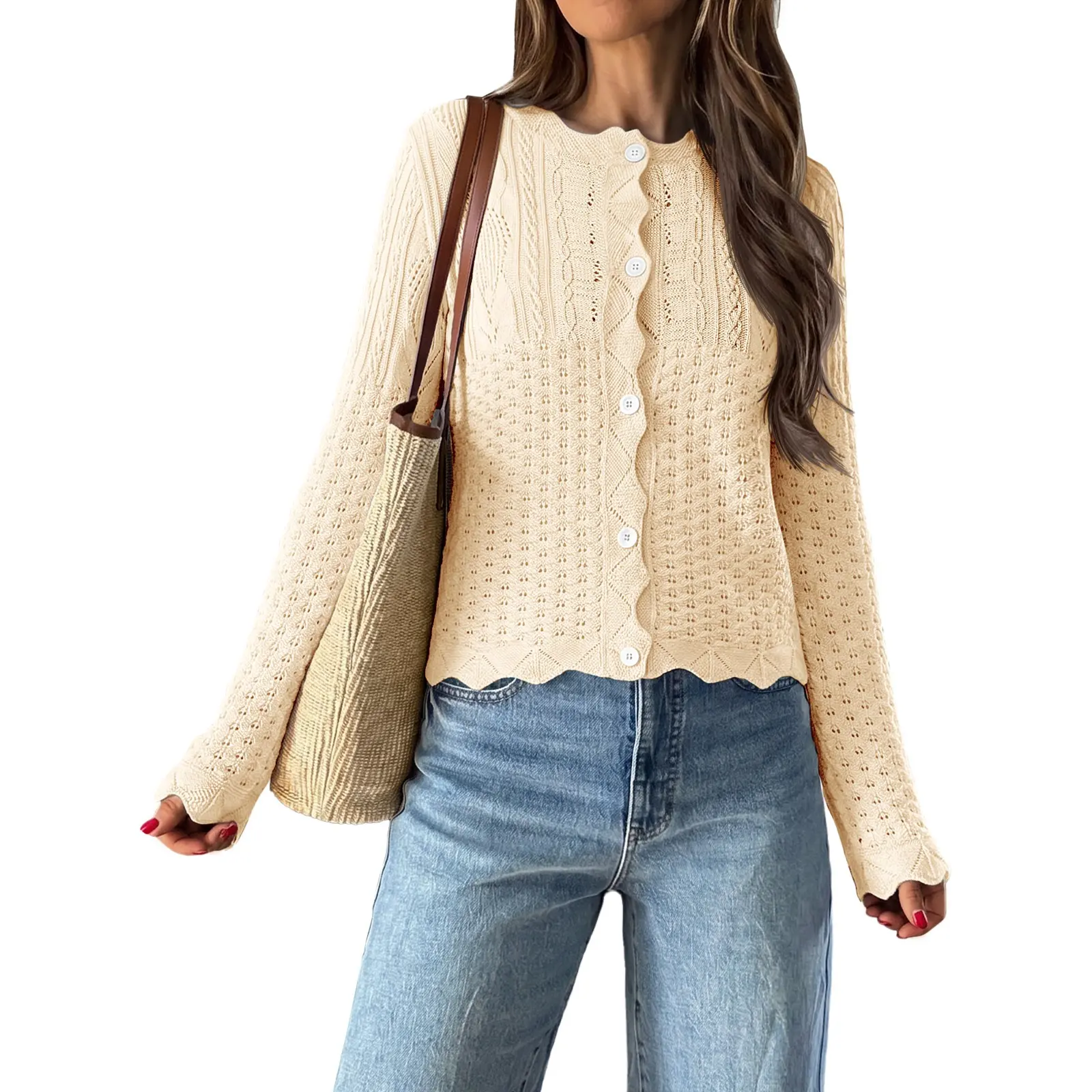 Saodimallsu Womens Crochet Cardigans 100% Cotton Lightweight Knit Button Up Long Sleeve Crewneck Bolero Sweater Tops sohochic