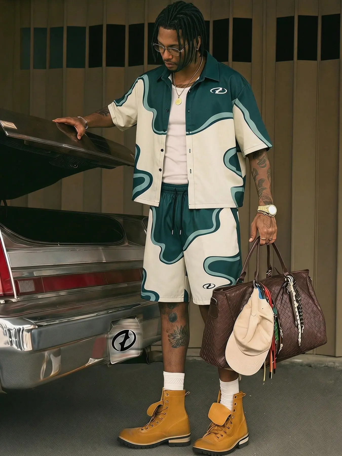 This set includes a short-sleeved shirt and drawstring shorts in soft tones; it embodies American streetwear style while exuding a light, summery vibe, making it suitable for year-round wear.