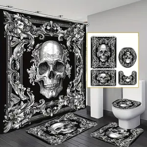 1/4PCS Classic Skull Shower Curtain Set – Timeless Skeleton Bathroom Decor, Includes Bath Mat, U-Mat, Toilet Cover & 12 Hooks, 70.87x70.87 Inch Curtain, Vintage Gothic Style, Home Bathroom Accessories