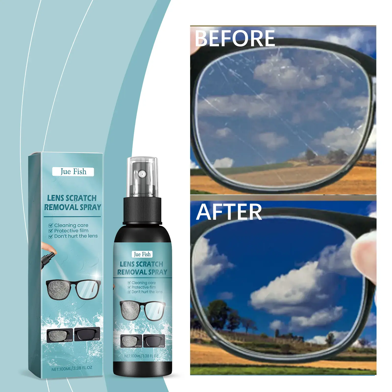 Jue-Fish Lens Cleaning Spray for Coated Resin Glasses - Helps Fade Scratches and Adds a Protective Layer, Daily Stain Remover for Eyeglasses & Sunglasses, 100ml, Scratch Fade