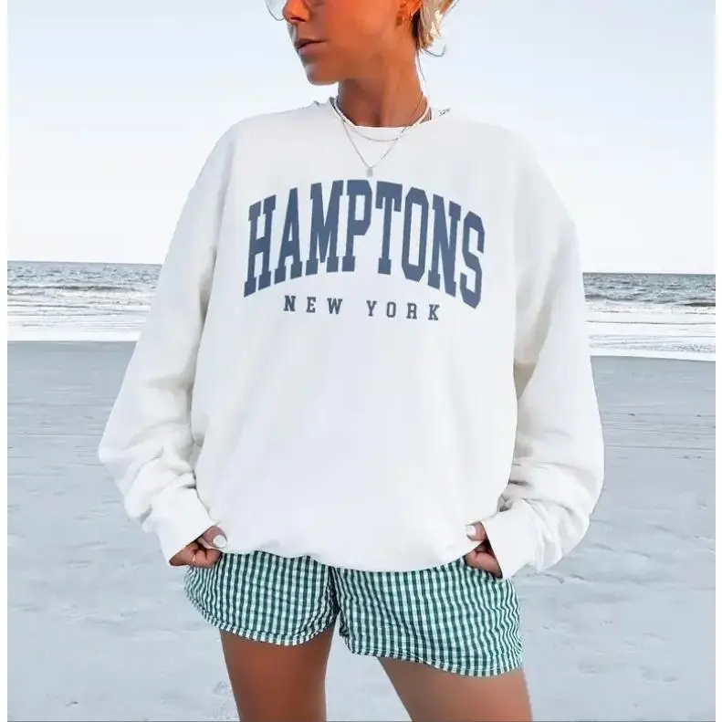 Unisex Baggy Oversized Loose Round Neck Graphics Hamptons City Sweatshirt - New York Pullover, Vintage Varsity Aesthetic, Trendy Travel Destination Gift (Sports Top), Streetwear, Tee