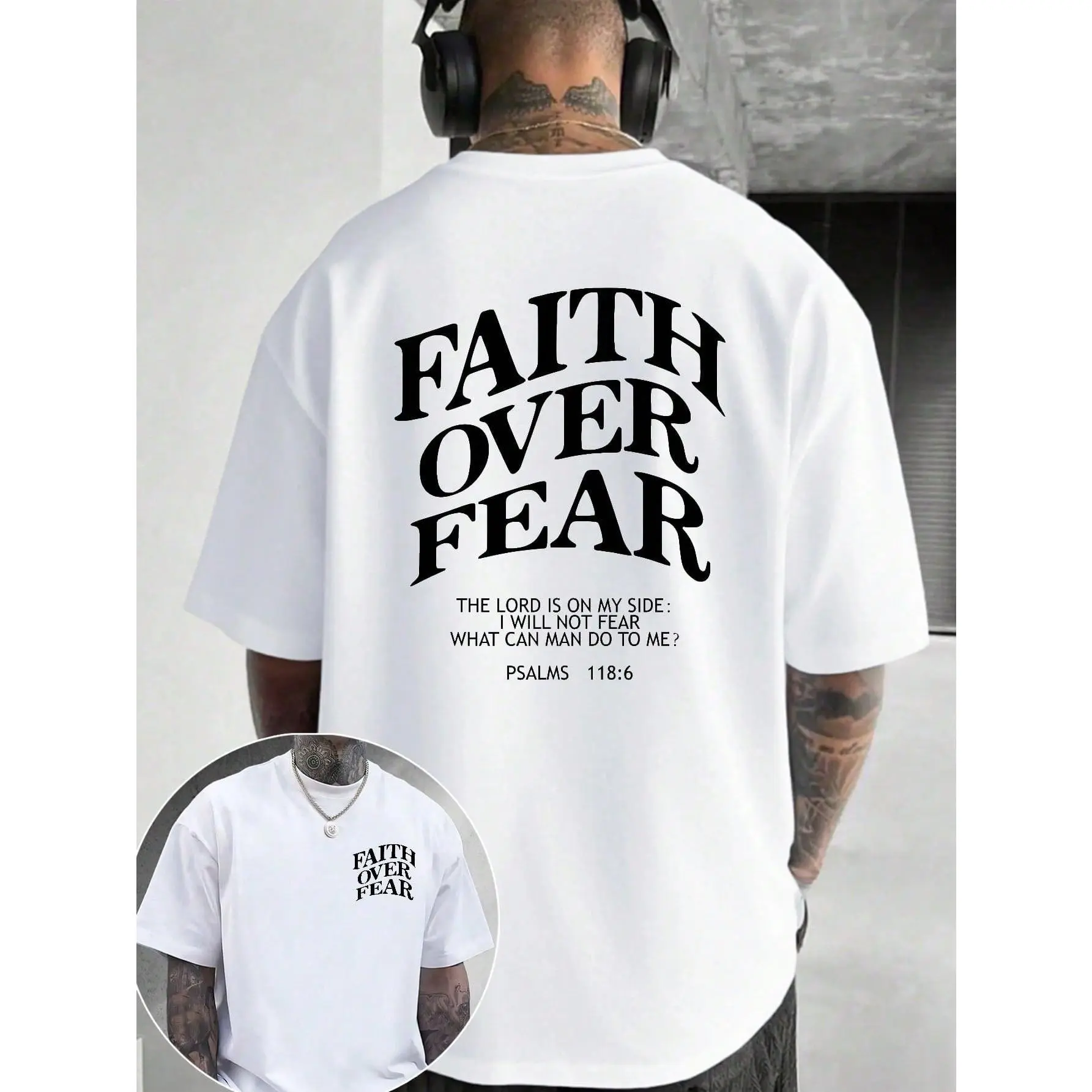 Men's Loose Round Neck Shortsleeve 100% Cotton Graphic T-Shirt - Faith Over Fear, Comfortable Menswear Fabric, Casual Streetwear, Unisex Gift Idea