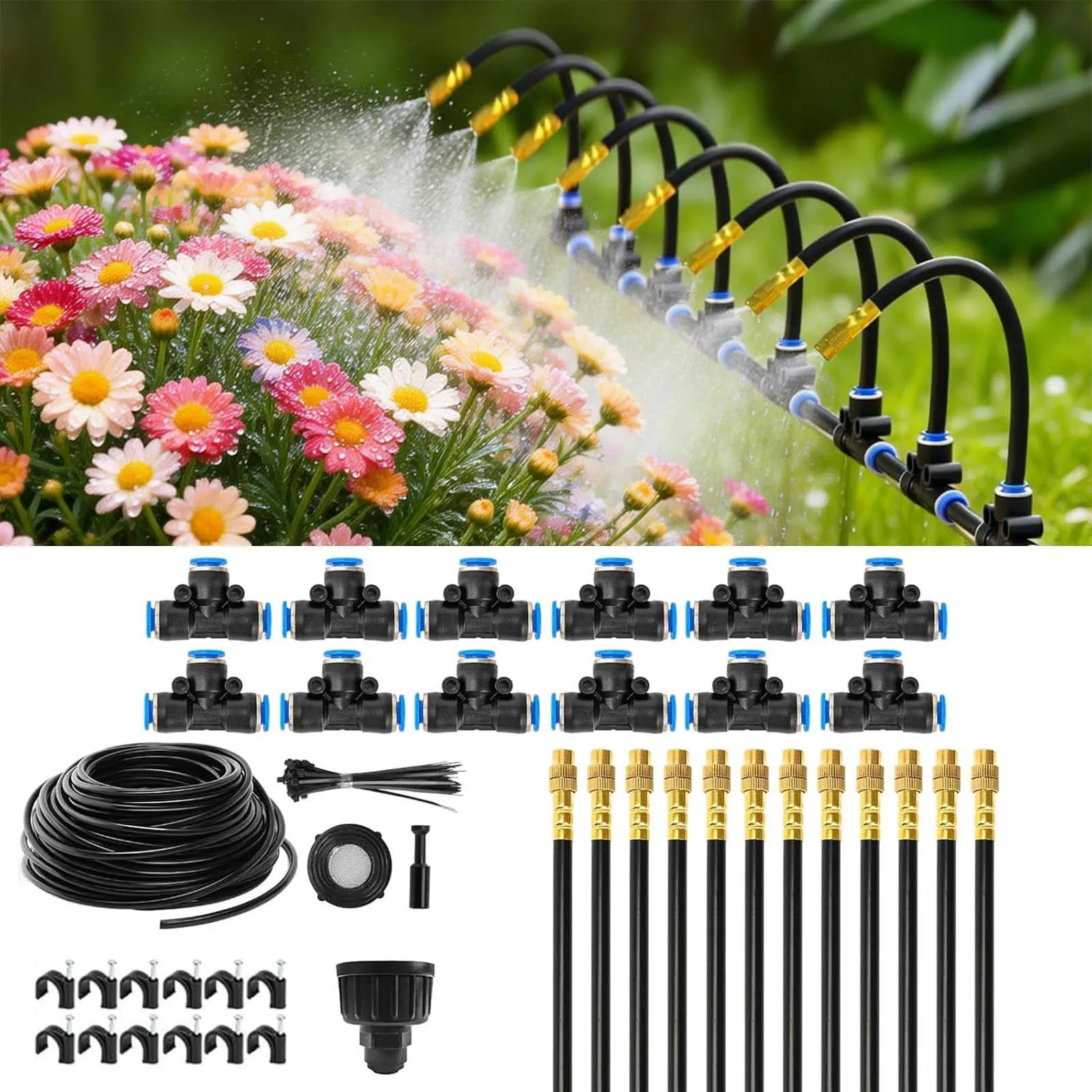 50Ft 1/4" Drip Irrigation System Kit - Upgrade Garden Watering Kit with 12 Adjustable Copper Nozzles, Automatic Atomizing Sprinklers, DIY Setup for Raised Bed, Outdoor Lawn