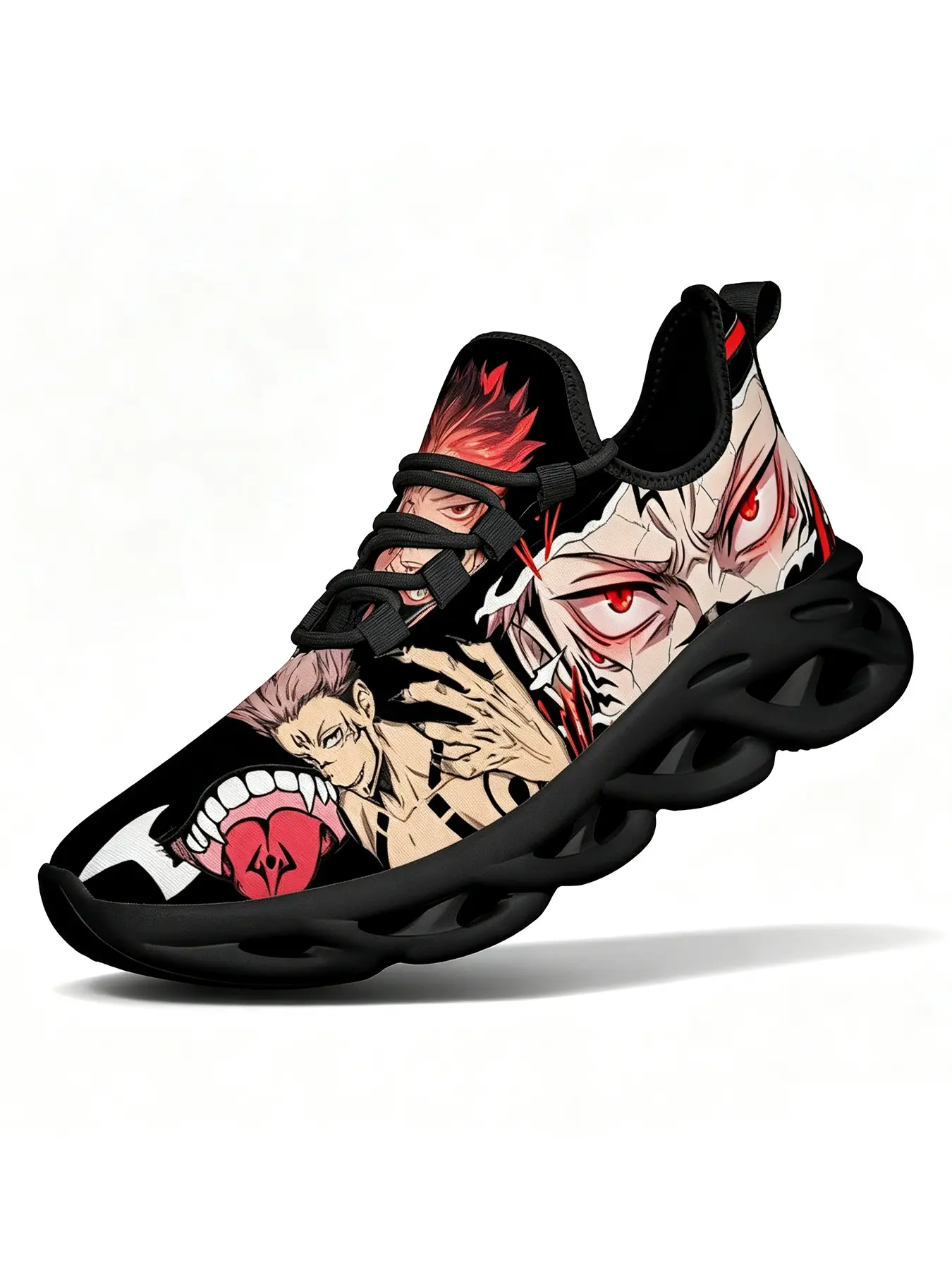 New Hot Men'S Lace Up Comfortable Trendy Running Shoes Personality Ryomen Sukuna 3D Print Design Personalized Black White Cushion Sneakers Popular Youth Unisex Anti Slip Wear Resistant Versatile For Daily Outings Light Sports Shoes Birthday Gift