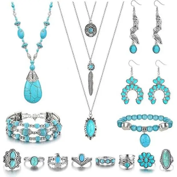 FUNRUN Western Turquoise Jewelry Set for Women • Boho Cowgirl Necklace, Dangle Earrings, Wrap Bracelet & Stackable Knuckle Rings • Vintage Western Jewelry Accessories