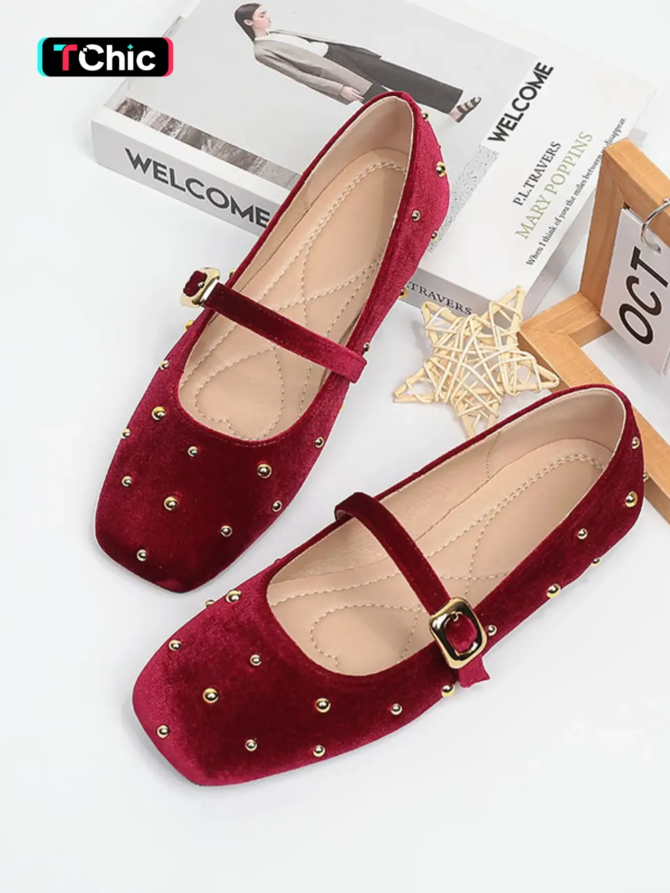 Women's Flat Ballet Mary Jane Shoes, Classic Ballet Flats, Wine Square Toe Mushroom Nails Metal Decor, Fashion Casual Comfortable Walking Shoes