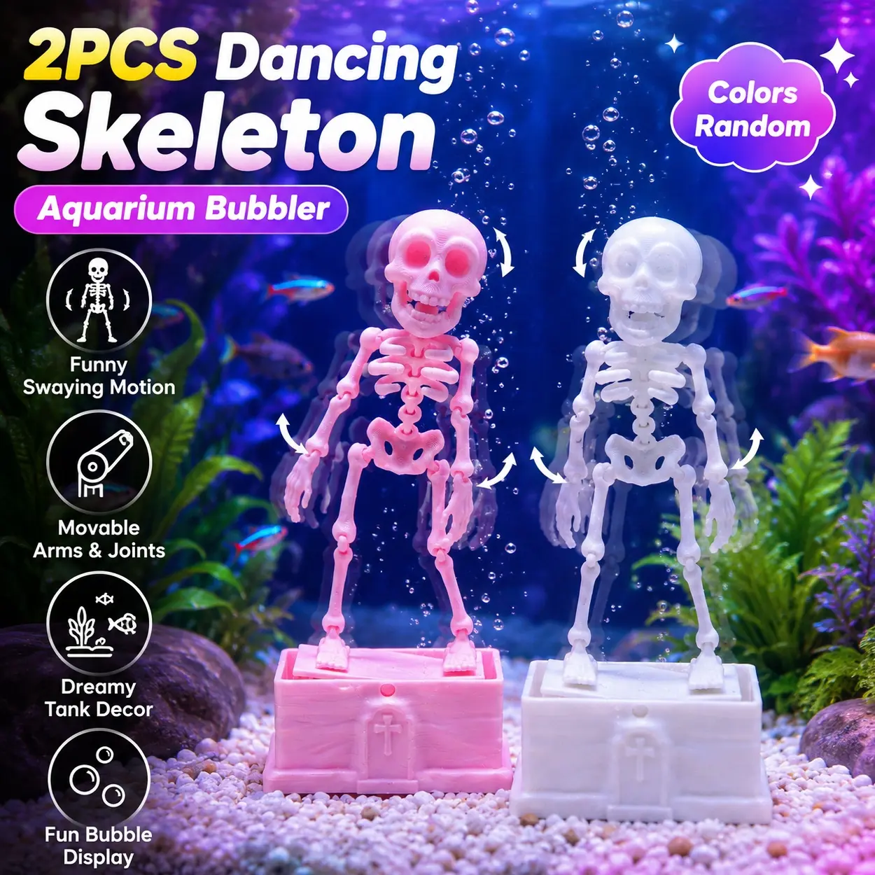 2PCS Aquarium Dancing Skeleton Bubbler, Creative Skull Fish Tank Ornament with Bubble Linkage Action, Dual Suction Cup Base and Air Tube Connection, 3D Printed Underwater Decor for Small Tanks, Betta Bowls, Reef Setups, Kids Rooms and Gift Giving
