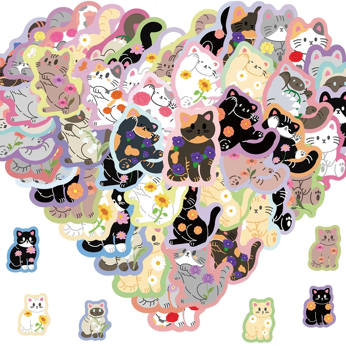 50Pcs Flower Cute Cat Stickers, Cat Stickers, Galaxy Collection Stickers for Water Bottles, Pet Lover Gifts for Kids Men and Women